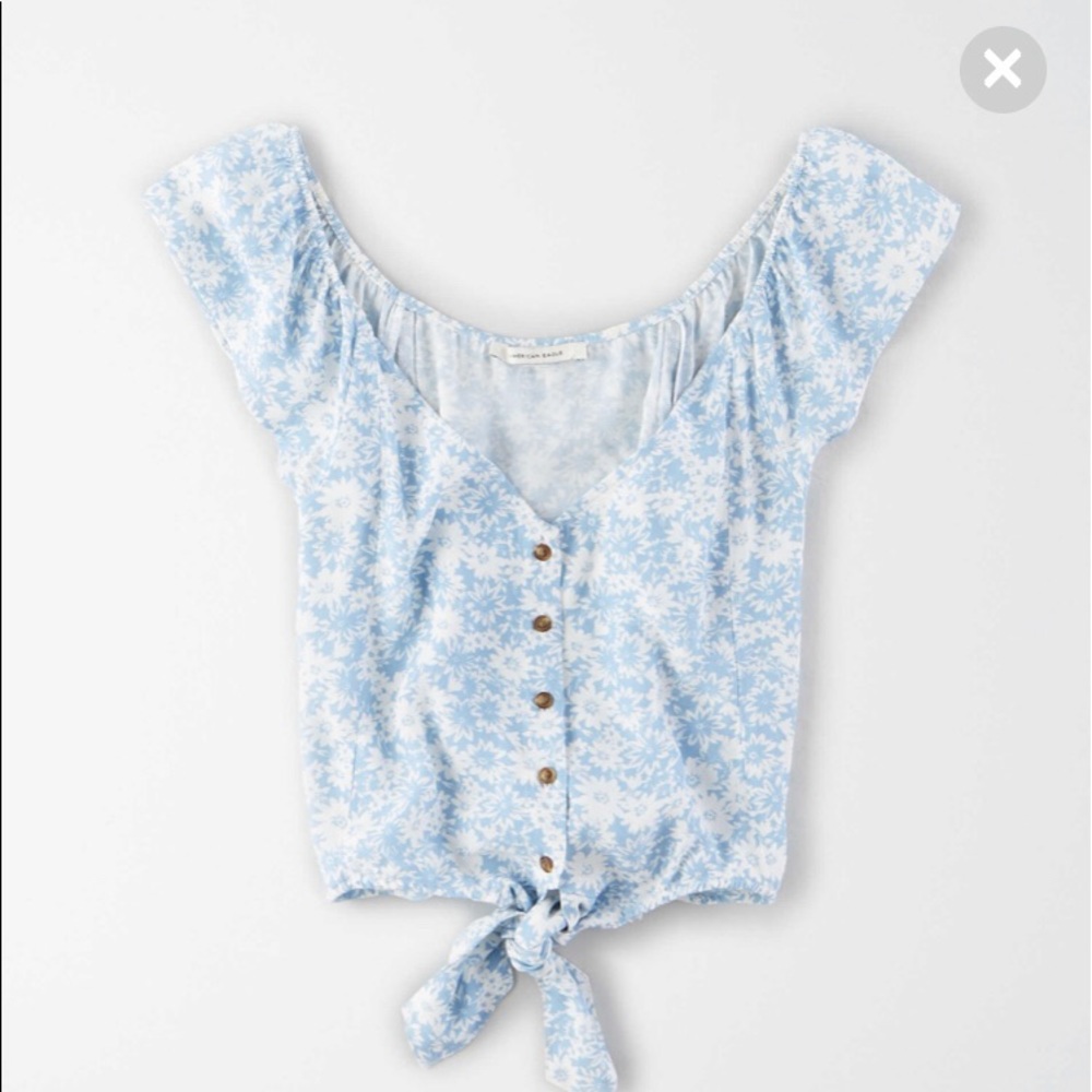American Eagle Blue Button Down Tie Front Top